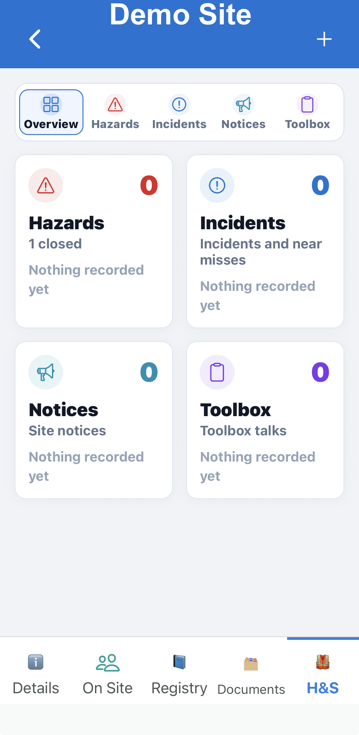 SmartJobs app H&S tab screenshot showing hazards, incidents, notices and toolbox talks