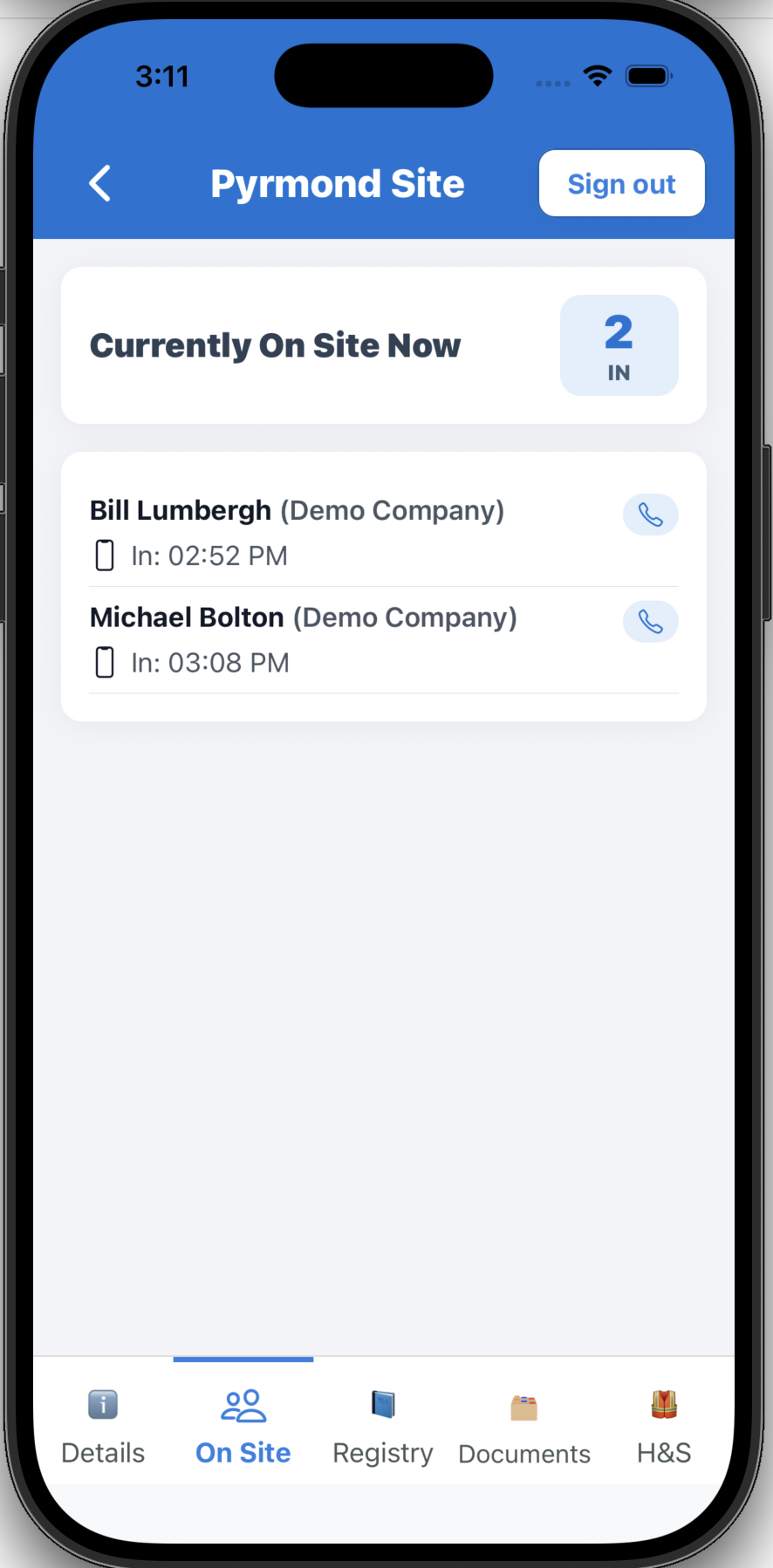 SmartJobs app On Site screen showing who is currently signed in