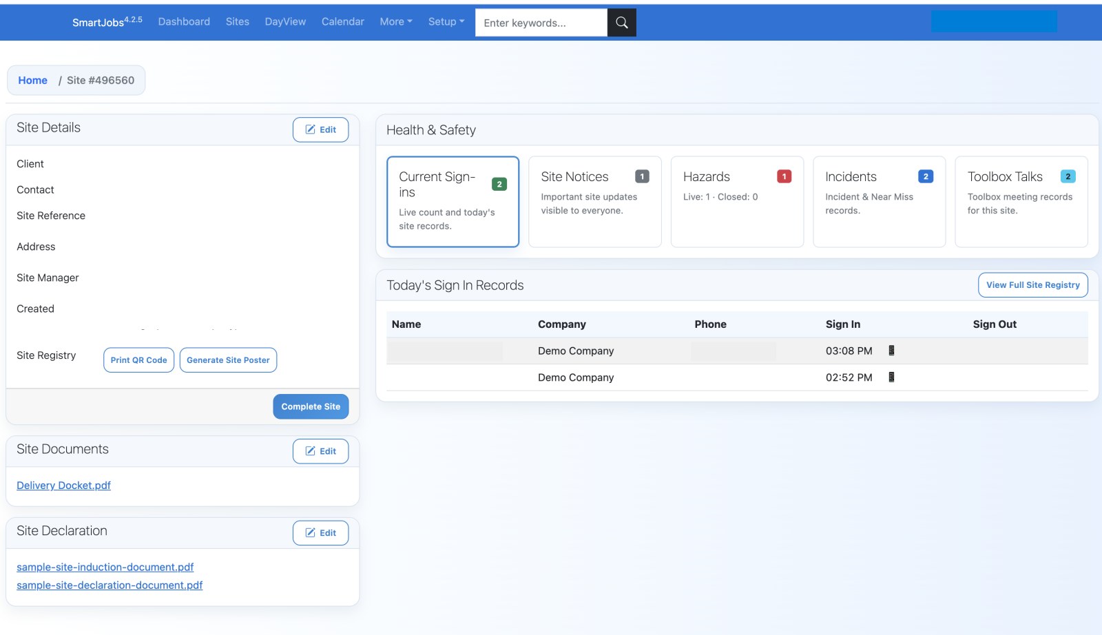 SmartJobs desktop site screen showing live sign-in records