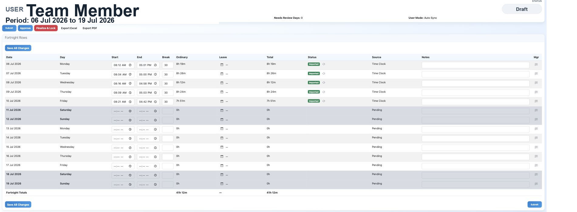 SmartJobs web timesheet screenshot showing imported time clock rows and fortnight totals